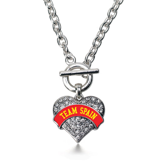 Silver Team Spain Pave Heart Charm Toggle Necklace