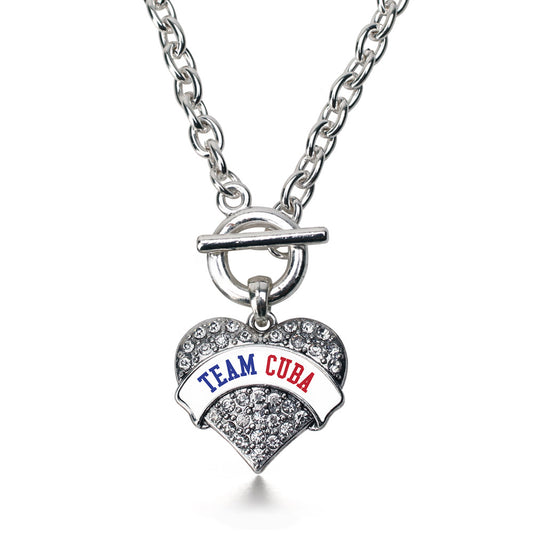 Silver Team Cuba Pave Heart Charm Toggle Necklace