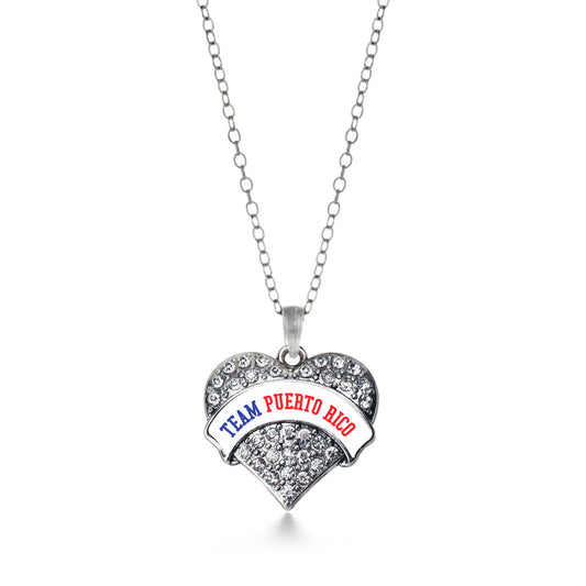 Silver Team Puerto Rico Pave Heart Charm Classic Necklace