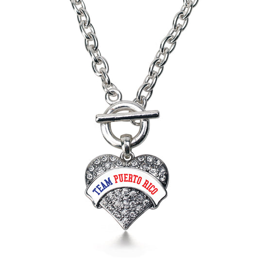 Silver Team Puerto Rico Pave Heart Charm Toggle Necklace