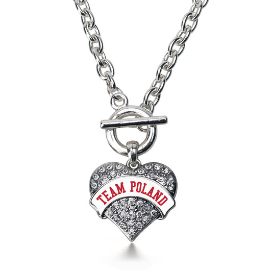 Silver Team Poland Pave Heart Charm Toggle Necklace