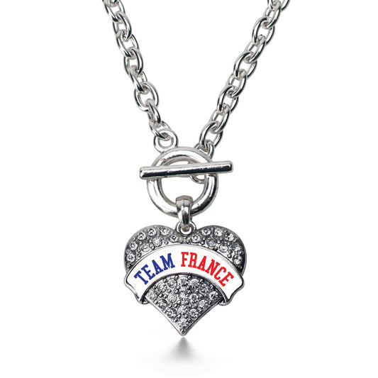 Silver Team France Pave Heart Charm Toggle Necklace