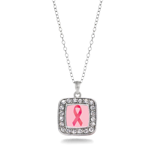 Silver Breast Cancer Square Charm Classic Necklace
