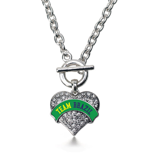 Silver Team Brazil Pave Heart Charm Toggle Necklace