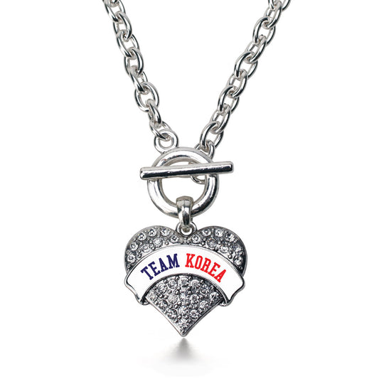 Silver Team Korea Pave Heart Charm Toggle Necklace