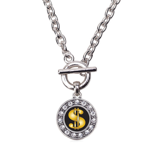 Silver Dollar Sign Circle Charm Toggle Necklace