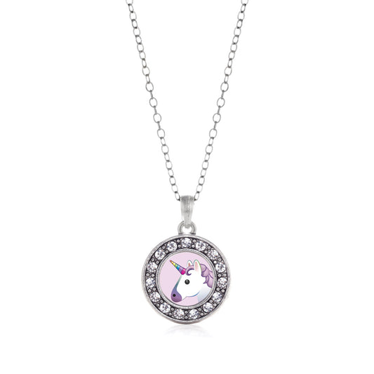 Silver Unicorn Emoji Circle Charm Classic Necklace