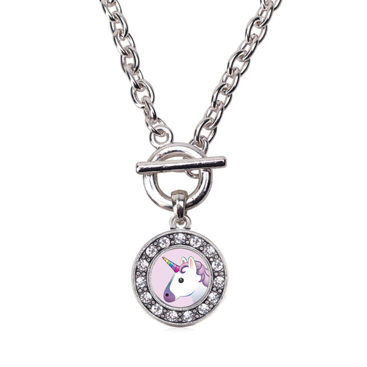 Silver Unicorn Emoji Circle Charm Toggle Necklace