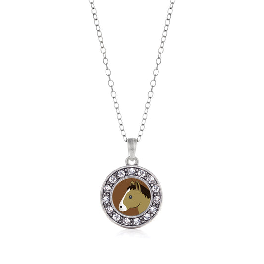 Silver Horse Emoji Circle Charm Classic Necklace