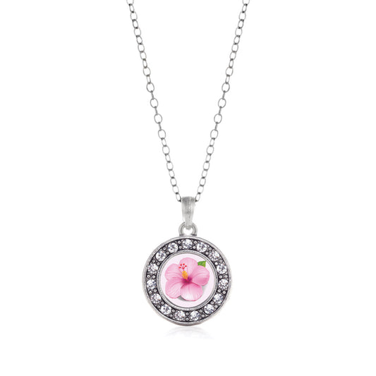Silver Hibiscus Flower Circle Charm Classic Necklace
