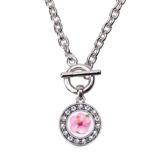 Silver Hibiscus Flower Circle Charm Toggle Necklace