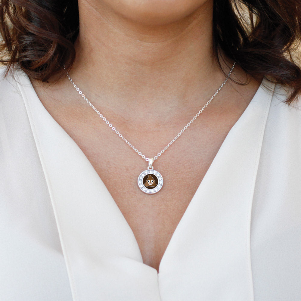 Silver Poop Emoji Circle Charm Classic Necklace