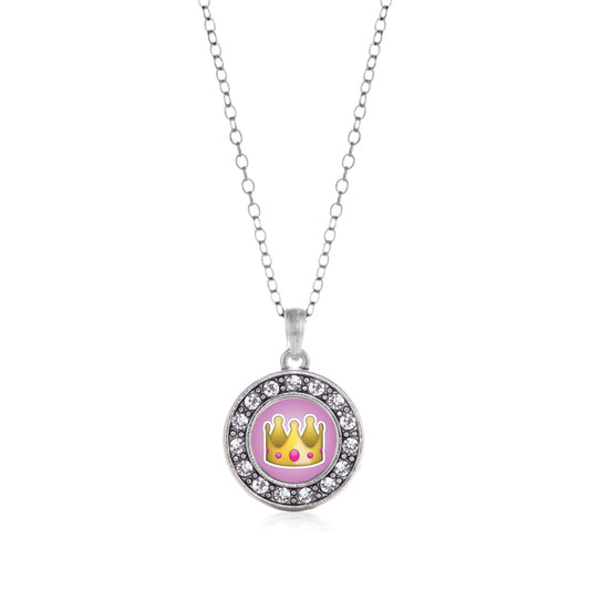 Silver Crown Emoji Circle Charm Classic Necklace