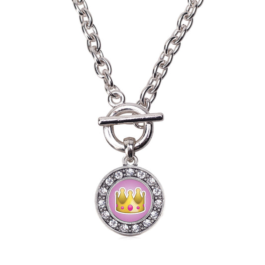 Silver Crown Emoji Circle Charm Toggle Necklace