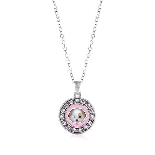 Silver Puppy Emoji Circle Charm Classic Necklace