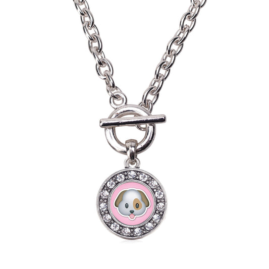 Silver Puppy Emoji Circle Charm Toggle Necklace