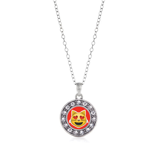 Silver Cat Heart Emoji Circle Charm Classic Necklace