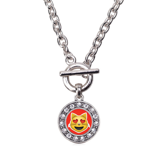 Silver Cat Heart Emoji Circle Charm Toggle Necklace