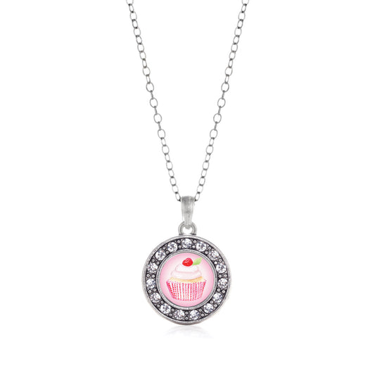 Silver Cupcake with a Cherry on Top Circle Charm Classic Necklace