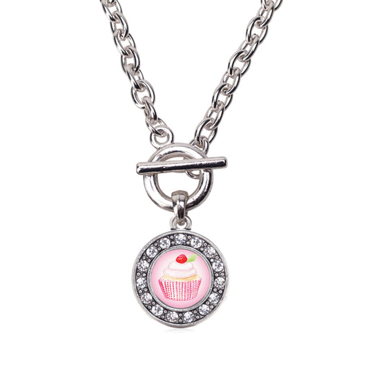 Silver Cupcake with a Cherry on Top Circle Charm Toggle Necklace