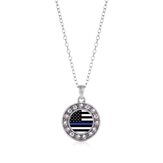 Silver Thin Blue Line American Flag Circle Charm Classic Necklace
