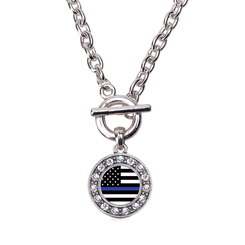 Silver Thin Blue Line American Flag Circle Charm Toggle Necklace