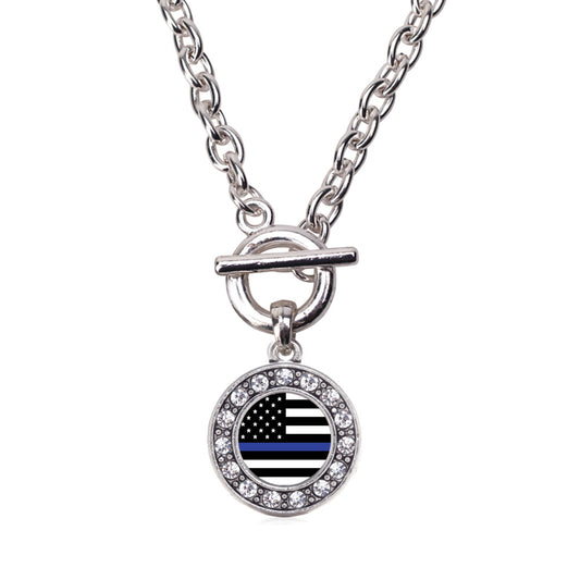 Silver Thin Blue Line American Flag Circle Charm Toggle Necklace