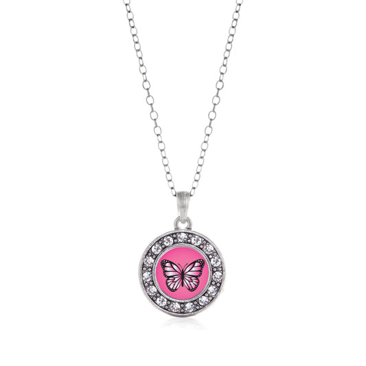 Silver Pink Butterfly Circle Charm Classic Necklace