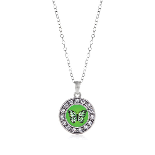 Silver Green Butterfly Circle Charm Classic Necklace