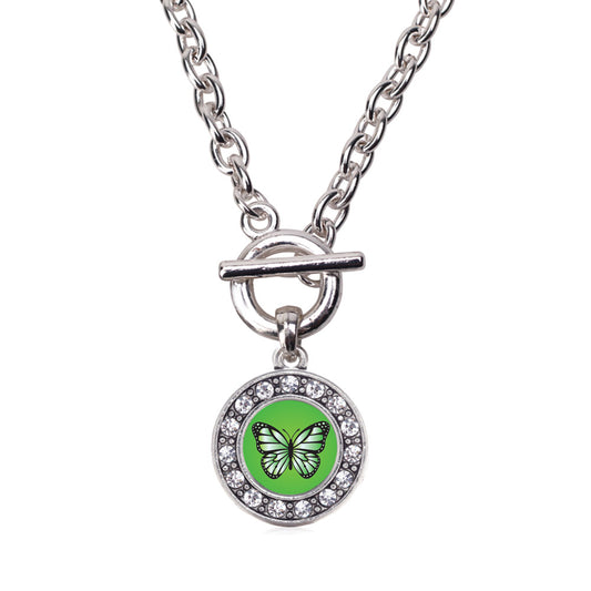 Silver Green Butterfly Circle Charm Toggle Necklace