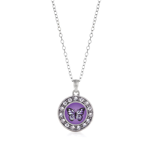 Silver Purple Butterfly Circle Charm Classic Necklace