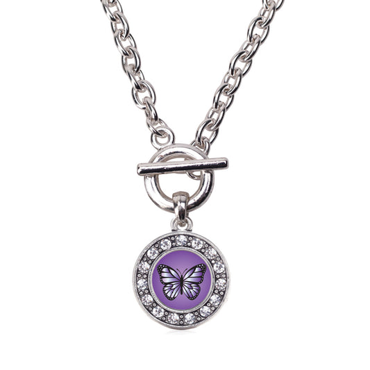 Silver Purple Butterfly Circle Charm Toggle Necklace
