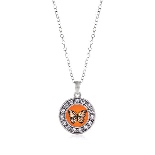 Silver Orange Butterfly Circle Charm Classic Necklace
