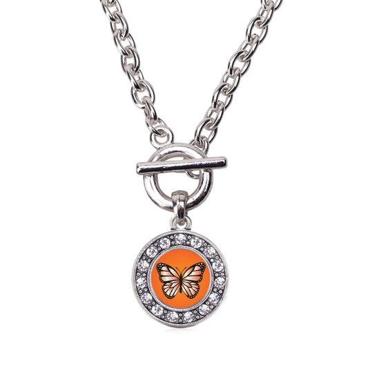 Silver Orange Butterfly Circle Charm Toggle Necklace