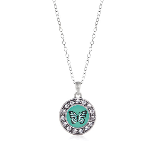 Silver Teal Butterfly Circle Charm Classic Necklace