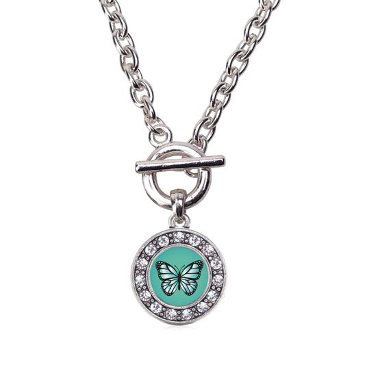 Silver Teal Butterfly Circle Charm Toggle Necklace