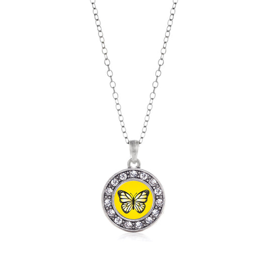 Silver Yellow Butterfly Circle Charm Classic Necklace