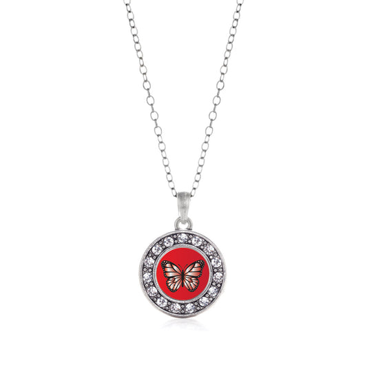 Silver Red Butterfly Circle Charm Classic Necklace