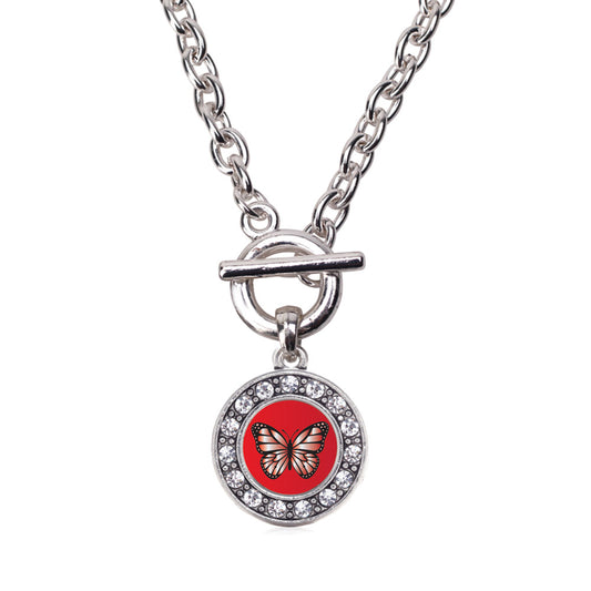 Silver Red Butterfly Circle Charm Toggle Necklace
