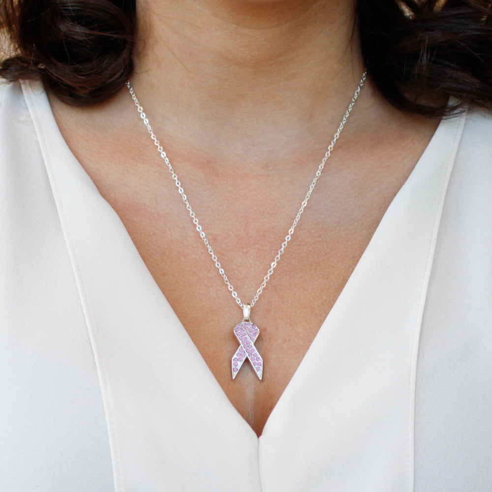 Silver Purple Ribbon Charm Classic Necklace