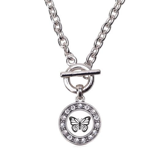 Silver White Butterfly Circle Charm Toggle Necklace
