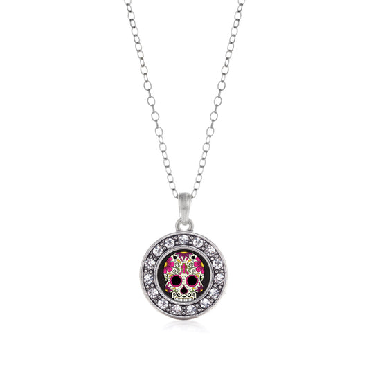 Silver Sugar Skull Circle Charm Classic Necklace