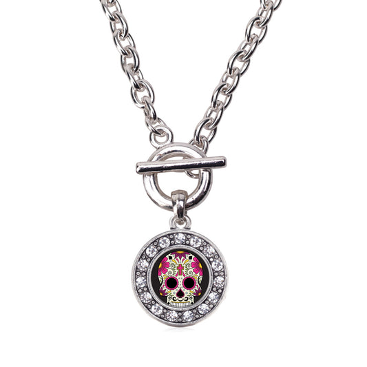 Silver Sugar Skull Circle Charm Toggle Necklace