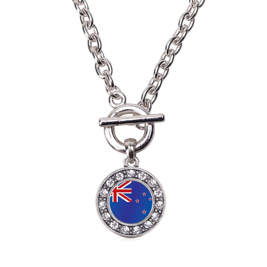Silver New Zealand Flag Circle Charm Toggle Necklace