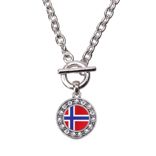 Silver Norway Flag Circle Charm Toggle Necklace