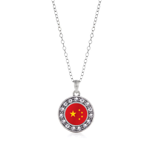 Silver China Flag Circle Charm Classic Necklace