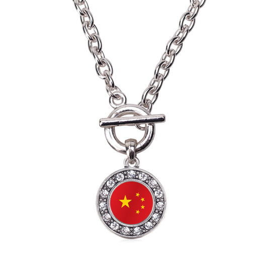 Silver China Flag Circle Charm Toggle Necklace
