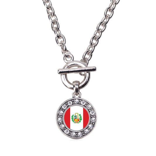 Silver Peru Flag Circle Charm Toggle Necklace