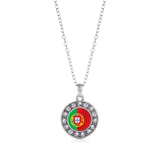 Silver Portugal Flag Circle Charm Classic Necklace