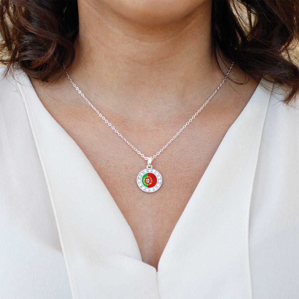 Silver Portugal Flag Circle Charm Classic Necklace